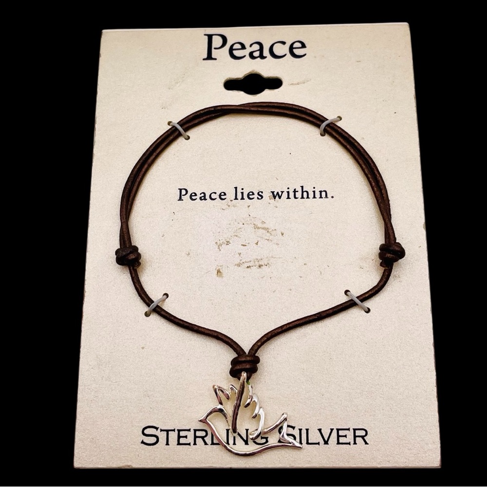 Sterling Silver and Leather Cord Peace Bracelet With Dove on Original Card NOS